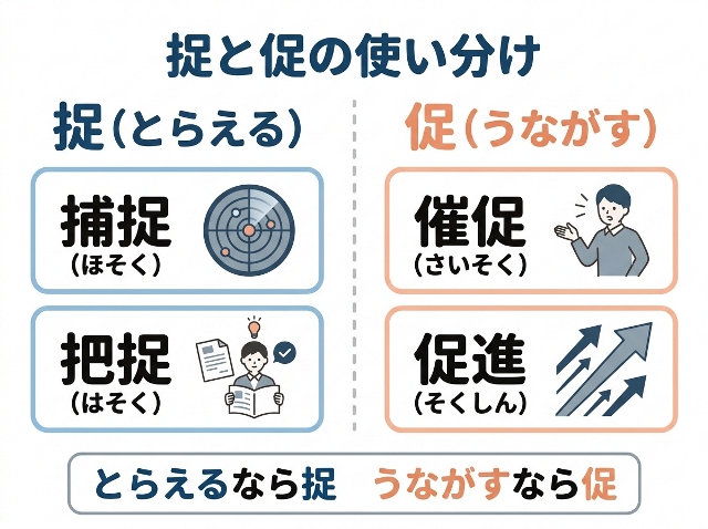 「とらえるなら捉、うながすなら促」と、捕捉・把捉・催促・促進で使い分けを示す。AI生成画像