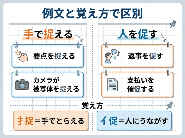 「手で捉える・人を促す」と、要点を捉える・返事を促すなどの例文で覚え方を示す。AI生成画像