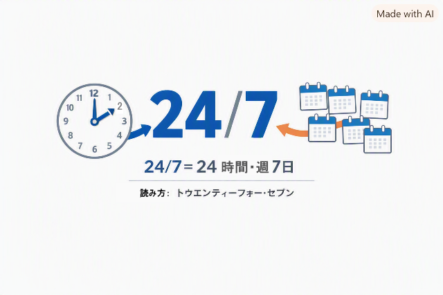 24時間・週7日」と読み方「トゥエンティーフォー・セブン」を示す図解。AI生成画像