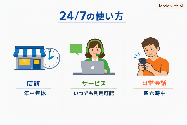 店舗・サービス・日常会話での24/7の使い方を「年中無休」「いつでも利用可能」「四六時中」で示す図解。AI生成画像