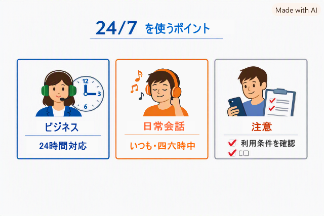 24/7の使い方を「24時間対応」「いつも・四六時中」「利用条件を確認」の3項目で示す図解。AI生成画像