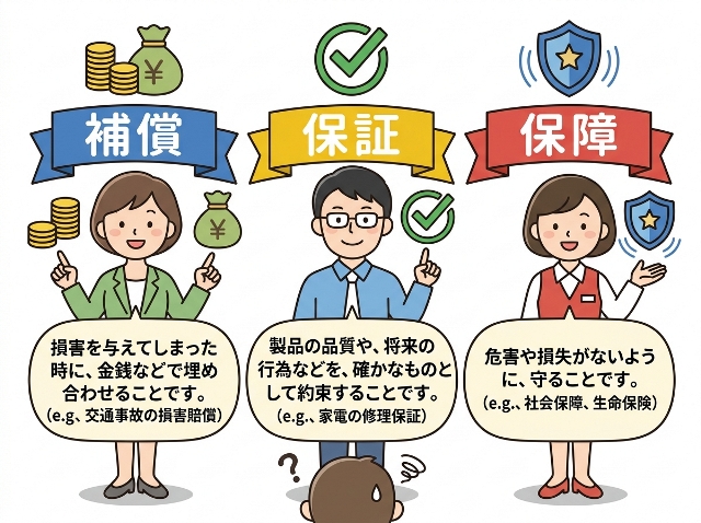 補償・保証・保障の違いを3人のキャラクターが示し、頭上に「補償」「保証」「保障」と表示されているAI生成画像。