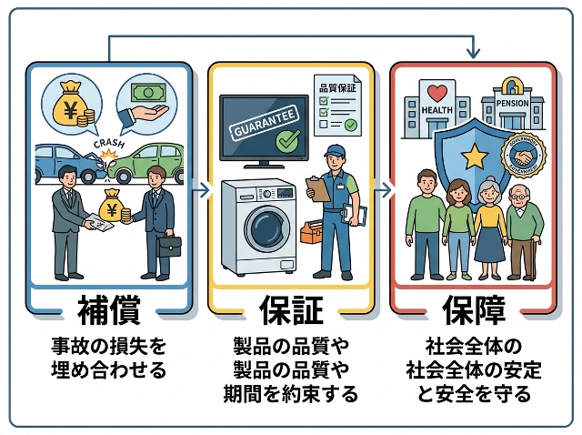 補償・保証・保障の例文に対応する3つの場面を示し、「補償」「保証」「保障」と日本語で表示したAI生成画像。