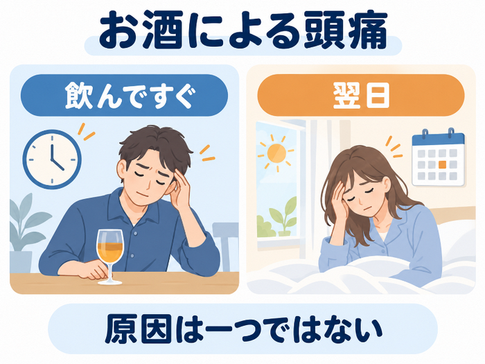 お酒による頭痛を「飲んですぐ」と「翌日」で比較。原因は一つではない。