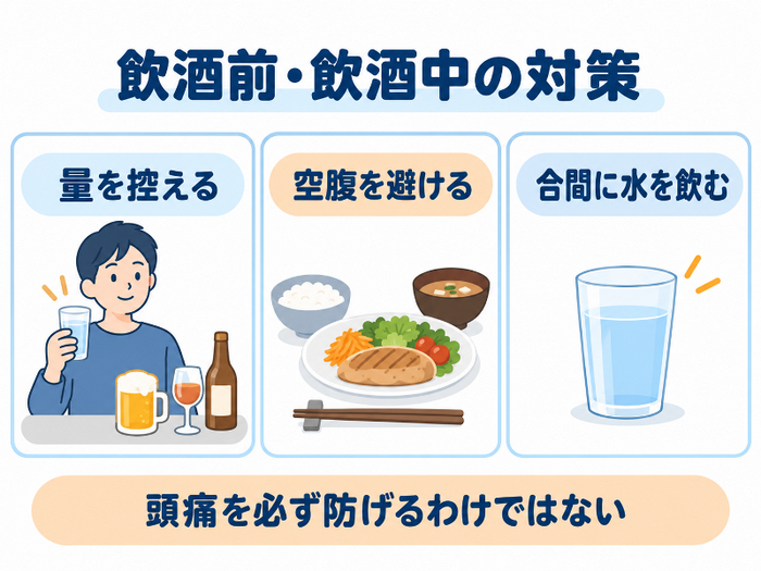 飲酒前・飲酒中の対策は「量を控える」「空腹を避ける」「合間に水を飲む」。頭痛を必ず防げるわけではない。