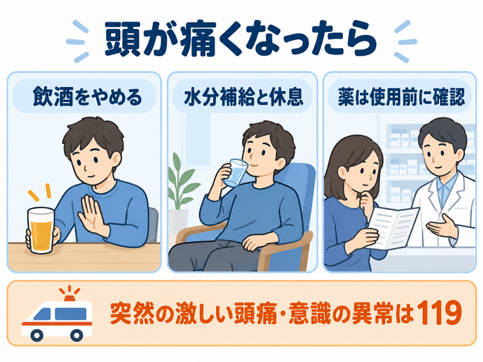 頭が痛くなったら「飲酒をやめる」「水分補給と休息」「薬は使用前に確認」。突然の激しい頭痛・意識の異常は119。