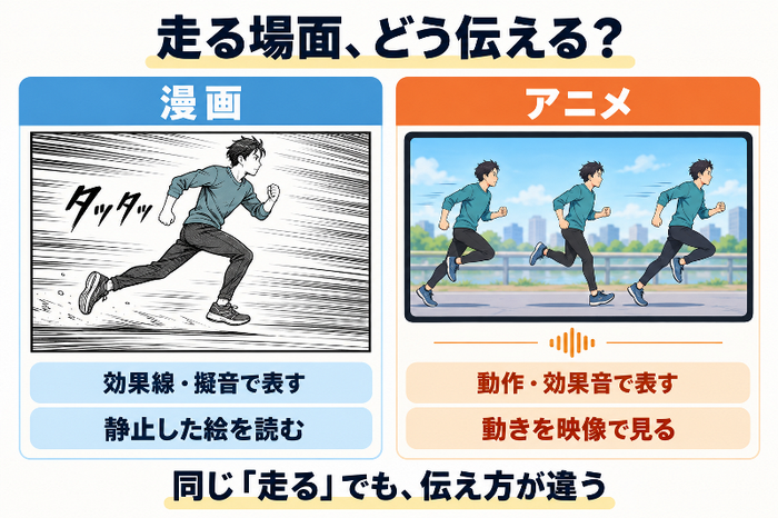 走る人物を、漫画は効果線と擬音、アニメは動作と効果音で表す