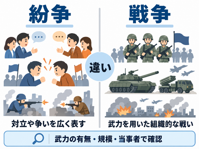紛争は「対立や争いを広く表す」、戦争は「武力を用いた組織的な戦い」と比較。武力の有無・規模・当事者で確認。