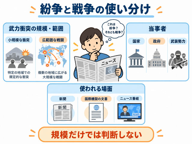 「紛争と戦争の使い分け」を、武力衝突の規模・範囲、当事者、使われる場面の3点で確認。「規模だけでは判断しない」。