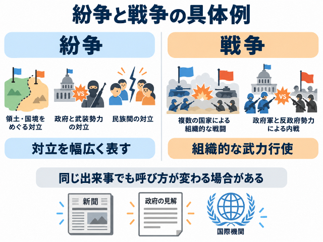 紛争と戦争の具体例を比較し、「対立を幅広く表す」「組織的な武力行使」と整理。同じ出来事でも呼び方が変わる場合がある