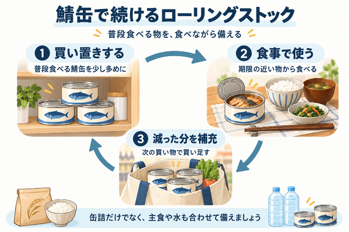 買い置きした鯖缶を普段の食事で食べ、減った分を買い足す流れ