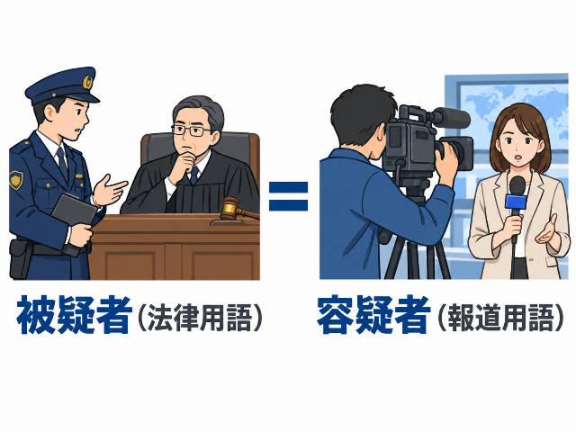 法律用語である被疑者と報道用語である容疑者が同じ人物を指すことを示す比較概念図