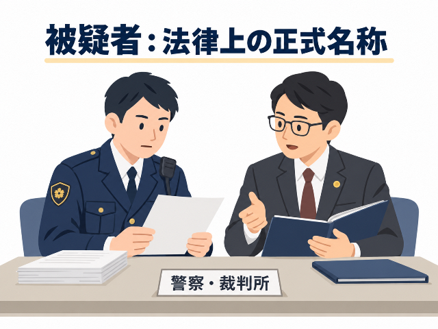 警察や裁判所などの公的な場で使われる法律上の正式名称である「被疑者」のイメージ図
