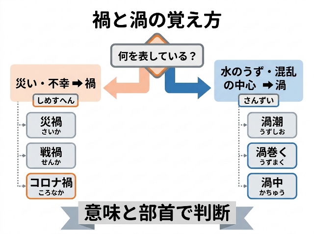 「災い・不幸なら禍」「水のうず・混乱の中心なら渦」と示した覚え方。意味と部首で判断する