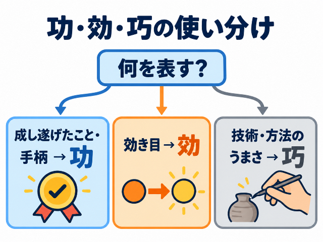功・効・巧の使い分け。「何を表す？」から、成し遂げたこと・手柄は功、効き目は効、技術・方法のうまさは巧へ分かれる