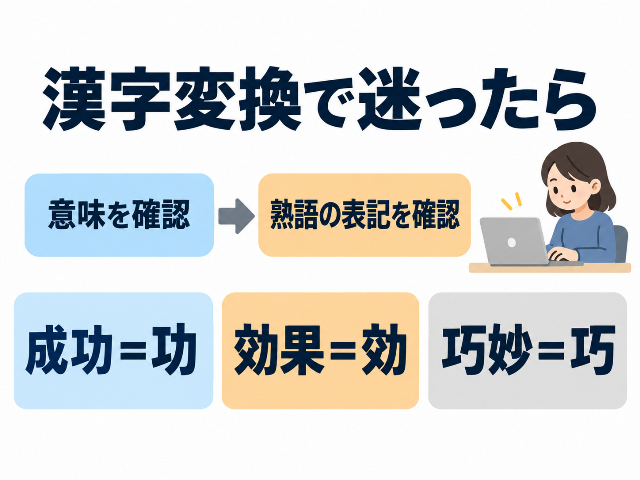 「漢字変換で迷ったら、意味を確認→熟語の表記を確認」と示す手順。成功は功、効果は効、巧妙は巧を使う。